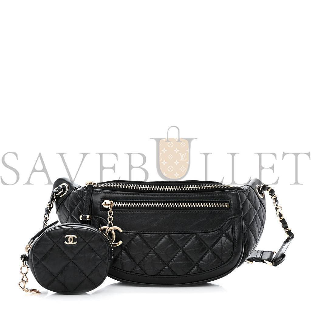 CHANEL CALFSKIN QUILTED WAIST BAG WITH COIN PURSE BLACK (22*15*3cm) 